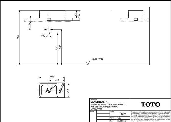 Actual product image TOTO CS Countertop washbasin 400 corner with tap hole without overflow white (230 mm, 400 mm)