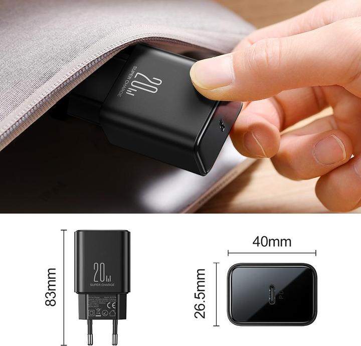 Actual product image Joyroom JR-TCF06 Flash Series PD 20W Single-Port Charger-Black (EU)+C to L Cable 1m-Black (20 W, 1 portion)