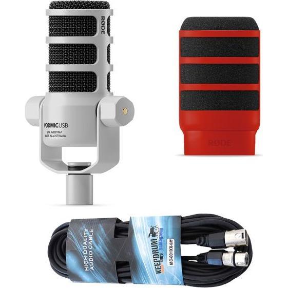 RØDE Mikrofon Podmic USB Weiss mit WS14P Popschutz Rot und Kabel, Mikrofon
