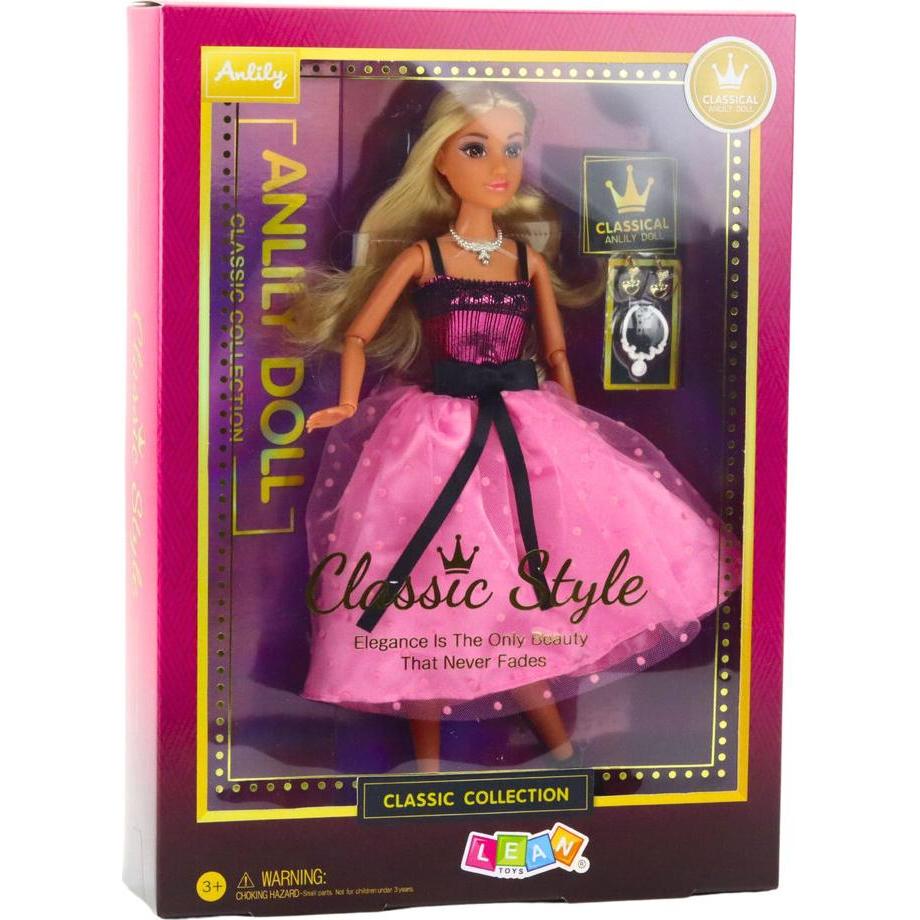 Lean Toys Lean Anlily Puppe In Rosa Kleid Mit Schwarzer Schleife Ohrringe Halskette