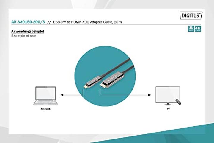 Image du produit Digitus Câble adaptateur 4K USB type - C vers HDMI AOC (20 m, HDMI, 2.0)