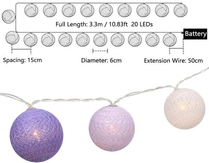 Actual product image Ciskotu LED-Lichterkette mit 20 Baumwollkugeln (3.30 m)