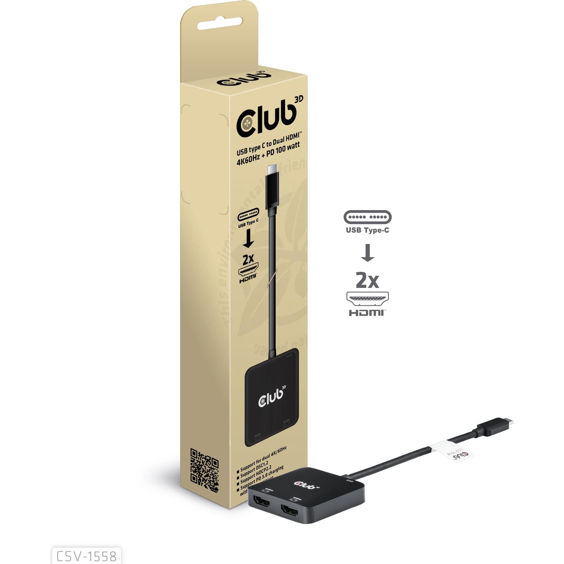 Club 3D Hub Club3D MST USB 3.2 Tipo C > 2x HDMI 4K60Hz +100W PD St/Bu retail (USB-C, 3 porte), Docking station + Hub USB, Nero