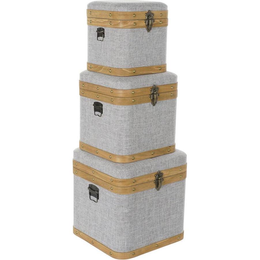DKD Home Decor, Box portaoggetti, Set of decorative boxes Grey Wood Polyester (3 pcs)