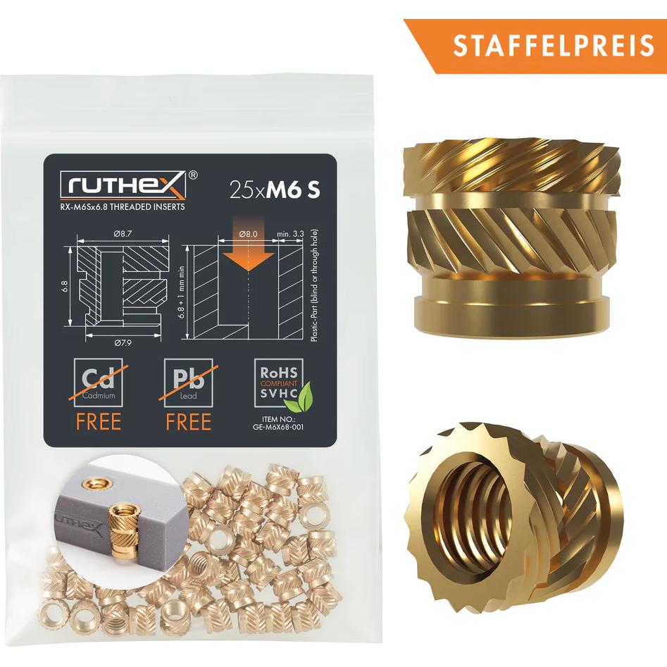 Ruthex M6 threaded insert - Rx-M6x6,8 - 25 pcs (Ersatzteile) (GE-M6x68-001)