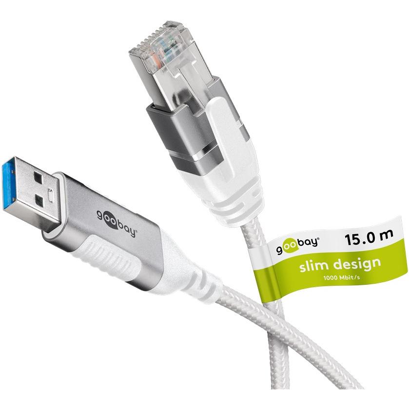 Goobay Ethernet-Kabel USB-A 3.0 auf RJ45, Slim, 15 m (USB 3.0, RJ45 (1x)), Netzwerkadapter, Weiss