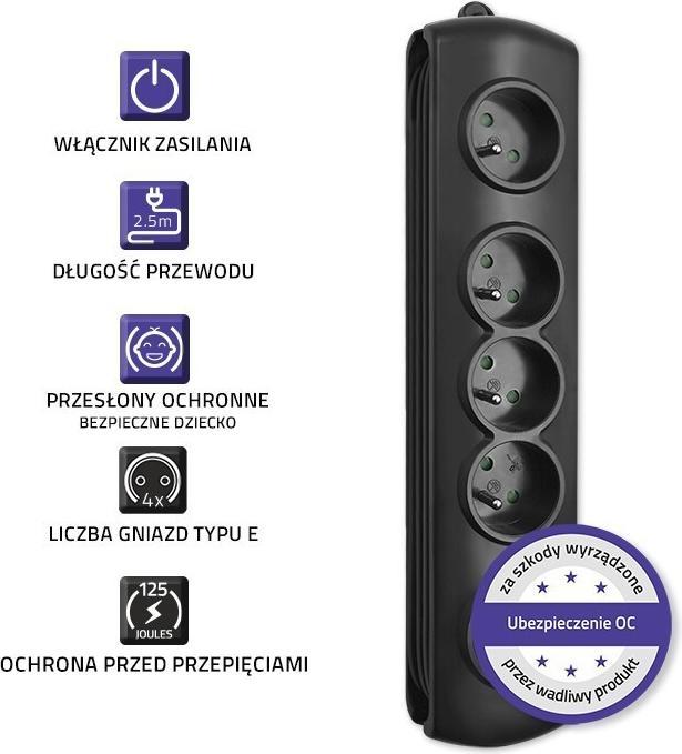 Actual product image Qoltec 50105 Voltage protection 4 AC outputs (4x, CEE 7/16, 2.50 m)