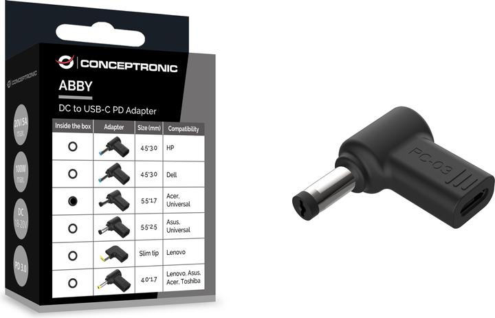 Produktbild Conceptronic Adapter USB-C -> DC, Acer 5.5x1.7mm 18-20V sw