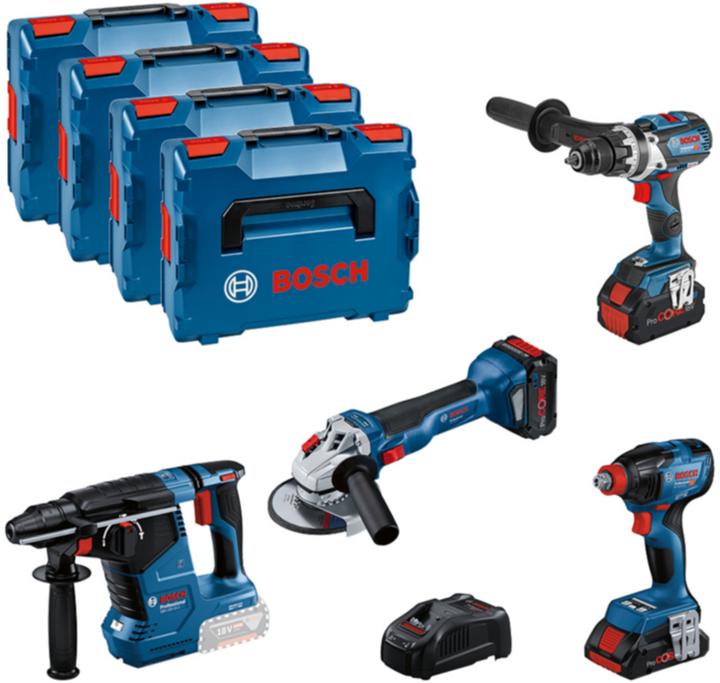 Bosch Professional Combo Kit Set mit 4x 18V: GSR18V-110C/GDX18V-210C/GWS18V-10/GBH 18V-24C, 3x Akku