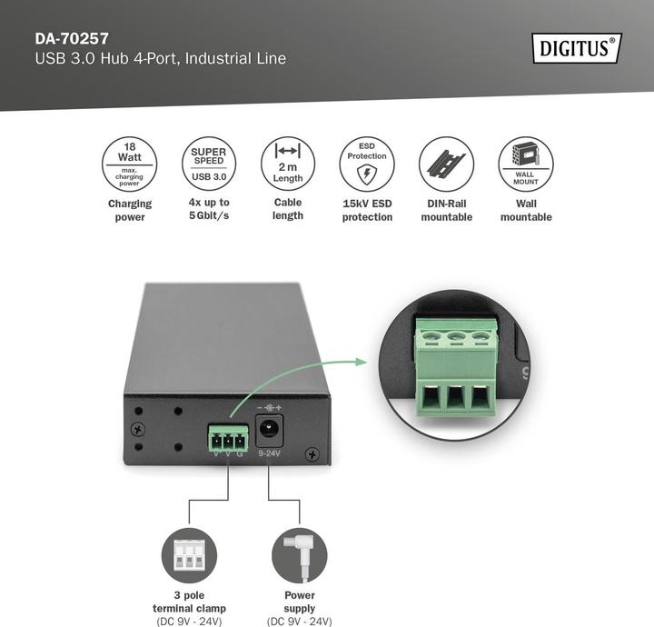 Immagine prodotto Digitus Hub USB 3.0, 4 porte, Industrial Line (USB-B, 4 porte)