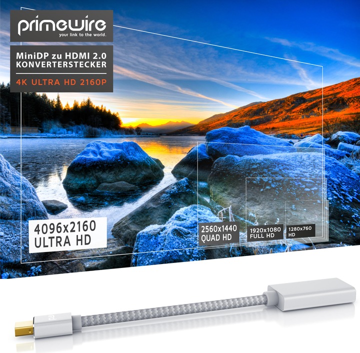 Produktbild Primewire 4K Mini Displayport zu Hdmi 2.0 Adapter, Mini DP Kabel, mDP Adapter, 4K@60Hz, Thunderbolt (0.20 m, HDMI)