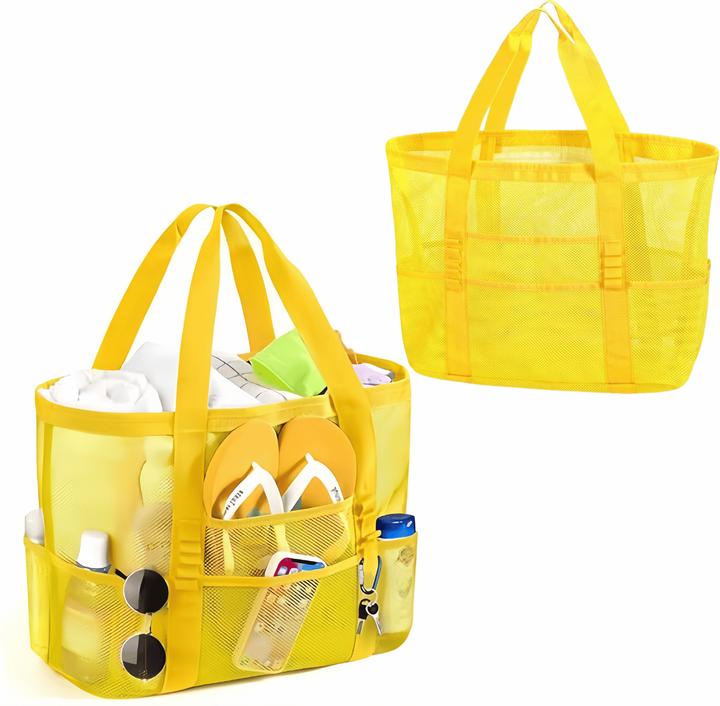 Actual product image Only-Bags.Store 1 Stück Stylish Large Mesh Beach Bag - faltbare leichte Tasche mit Mini-Taschen, übergrosse