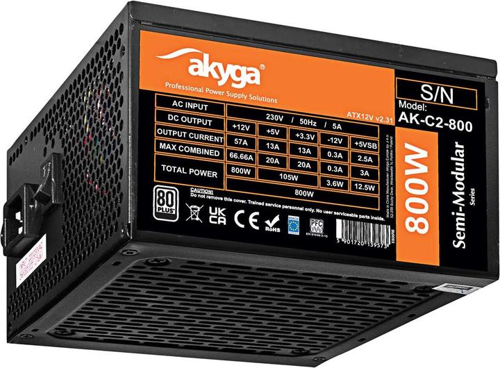 Akyga Power Supply ATX 800W AK-C2-800 Semi-Modular P4+4 2x PCI-E 6+2 pin 6x SATA 3x Molex FAN 12cm (800 W)