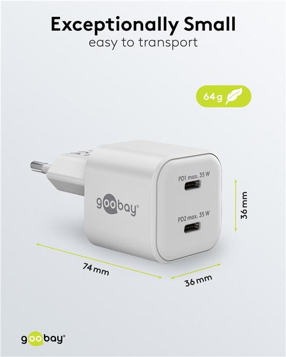Actual product image Goobay USB-C PD GaN Dual-Schnellladegerät Nano 35 W weiss (35 W, 2 ports)