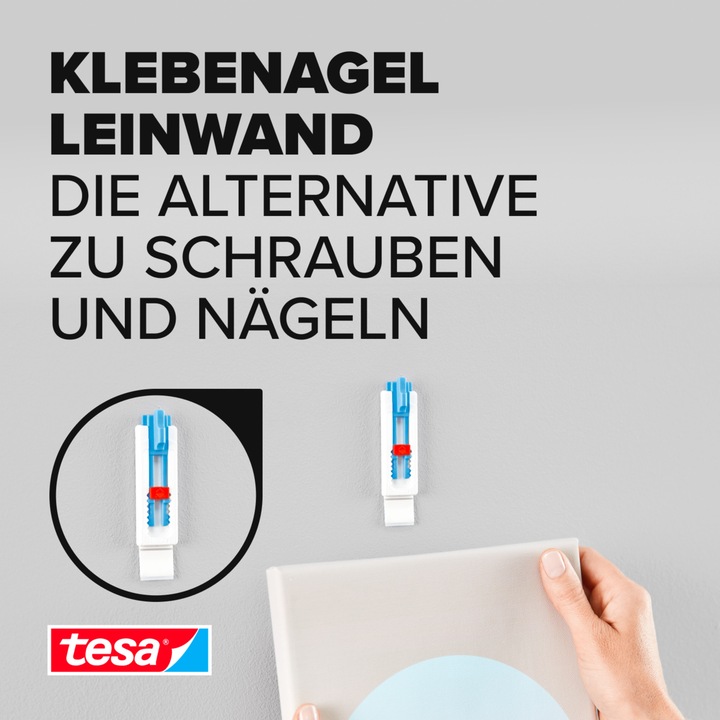 Produktbild tesa Klebenagel für Tapete & Putz, ideal für Leinwand & Keilrahmen, 2kg Halteleistung, höhenverstellbar