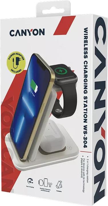 Image du produit Canyon WS-304, 3in1, station de recharge sans fil Qi pour 3 appareils en même temps, noir (15 W)