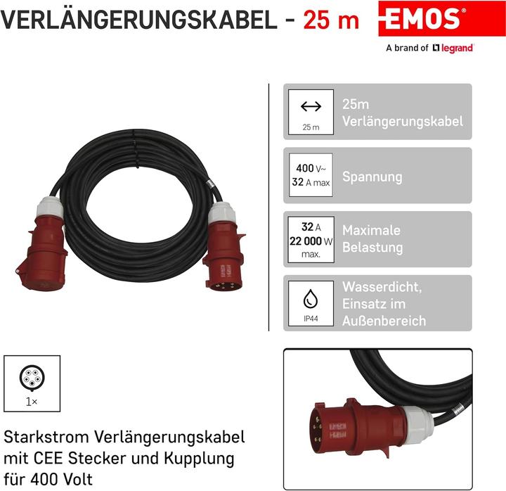 Produktbild Emos 3 fázový venkovní prodlužovací kabel PM1105 - 25 m / 1 zásuvka / černý / guma / 400 V / 4 mm2 (25 m)