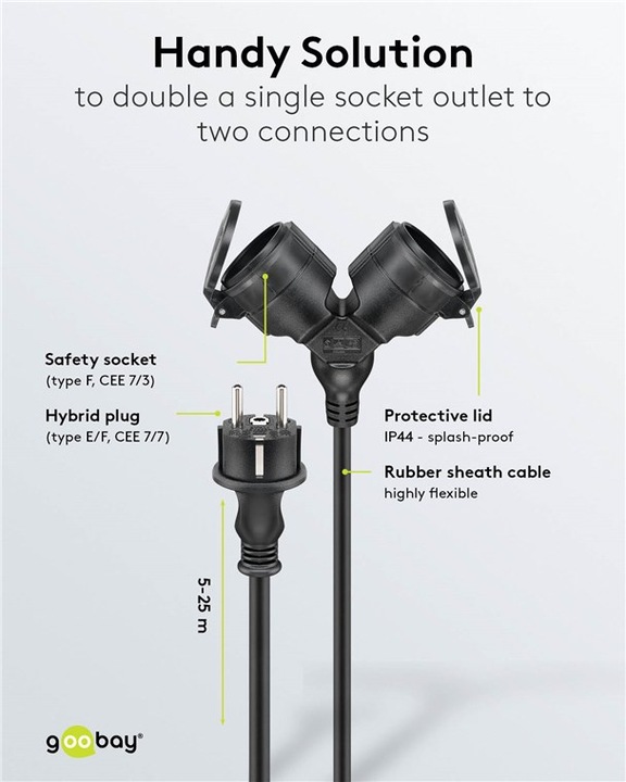 Actual product image Goobay Double outdoor extension cable, 10 m, black (10 m, CEE 7/3)