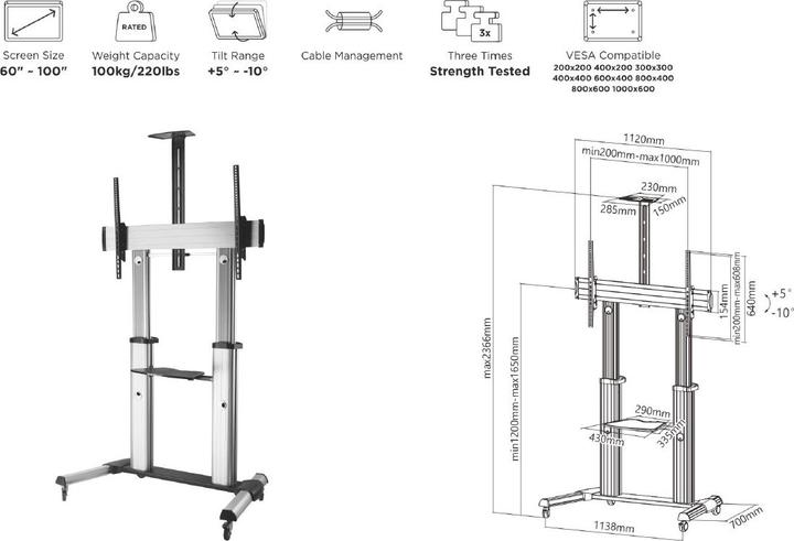 Produktbild InLine Teleskopischer TV-Wagen (100", 100 kg)