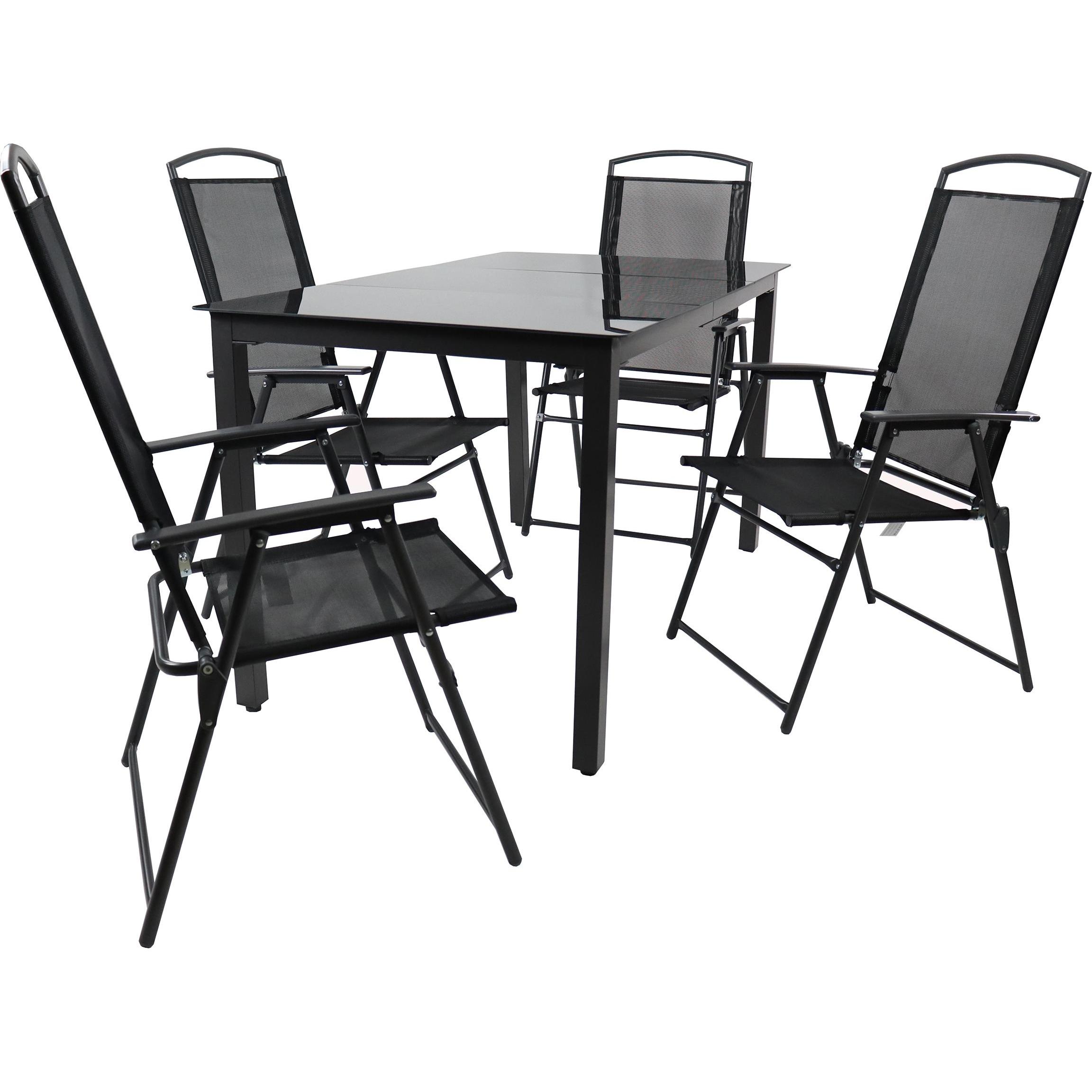 VCM, Gartentisch + Balkontisch, 5-tlg. Gartenmöbel Set Sitzgruppe 140x80 Schwarzglas (140 cm)