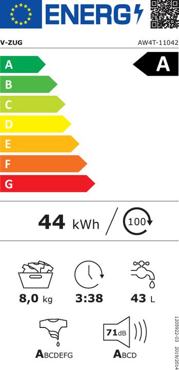Label énergétique V-Zug AdoraLavage V4000 (8 kg, Gauche, Fiche CH)