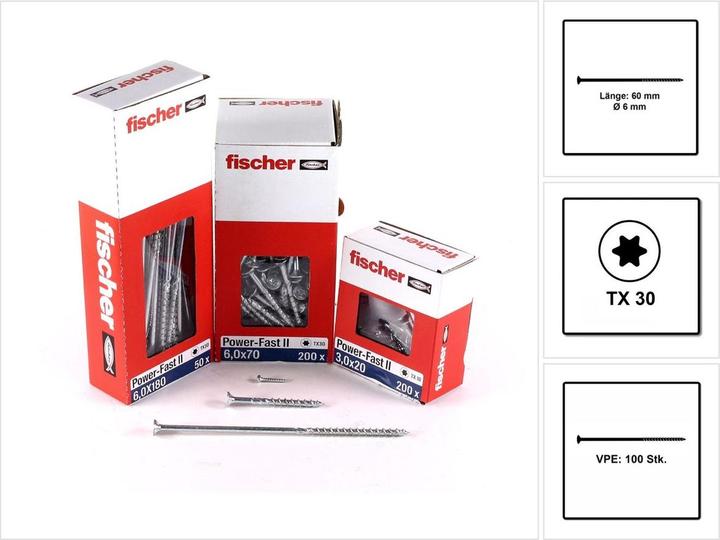 Immagine prodotto Fischer Power-Fast II 670481 Viti per pannelli truciolari 6 mm 60 mm con profilo a T in acciaio zincato 100 (100 Viti per pezzo)