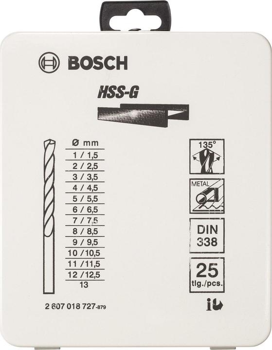 Produktbild Bosch Professional Zubehör 25-tlg. Metallbohrer-Set HSS-G, DIN 338, 135°, 1–13 mm (1 mm, 1.5 mm, 10 mm, 10.5 mm, 11 mm, 11.5 mm, 12 mm, 12.5 mm, 13 mm, 2 mm, 2.5 mm, 3 mm, 3.5 mm, 4 mm, 4.5 mm, 5 mm, 5.5 mm, 6 mm, 6.5 mm, 7 mm, 7.5 mm, 8 mm, 8.5 mm, 9 mm, 9.5 mm)