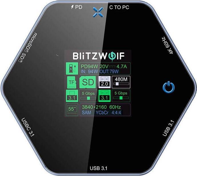 Actual product image BlitzWolf 8in1 docking station BW-TH16 USB 100W LCD Smart Display (USB-C, 8 Ports)