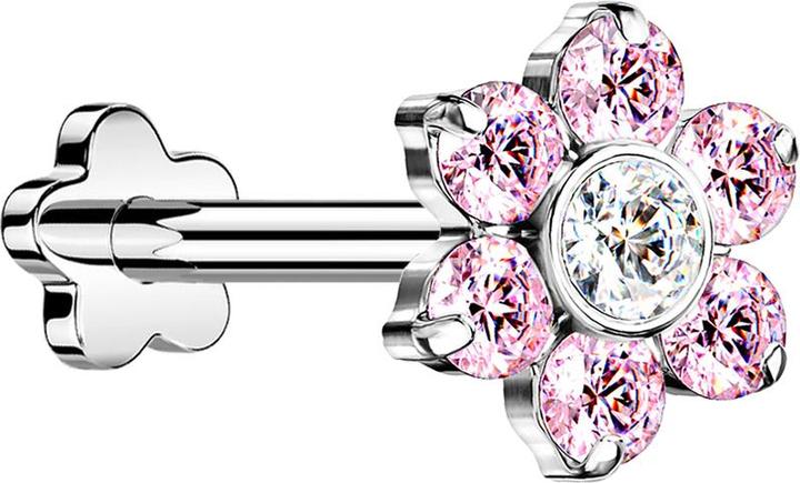 Image du produit Star Piercing Micro Threadless Labret fleur argenté fleur cristaux rose (Titane, sans laiton)