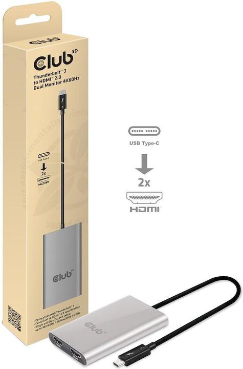 Productafbeelding Club 3D Thunderbolt 3 naar dubbele HDMI 2.0 (HDMI, 20 cm)