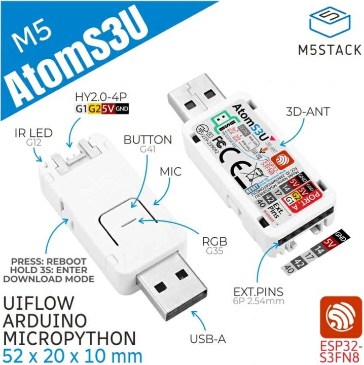 Productafbeelding M5Stack AtomS3U ESP32S3 Ontwikkelingskit met USB-A