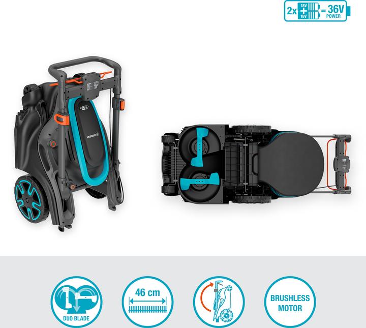 Image du produit Gardena Akku-Rasenmäher PowerMax Duo 46/36V P4A, Ready-To-Use-Set 2, 36Volt (2x18V) (schwarz/grau, 2x Li-Ion (Fonctionnement sur batterie)