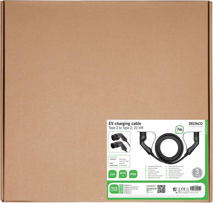 Image du produit Deltaco Electric car charging cable Type 2 - Type 2, 3-phase, 32A, 22 kW, 7 m, black (Type 2, 22 kW, 32 A, 7 m)