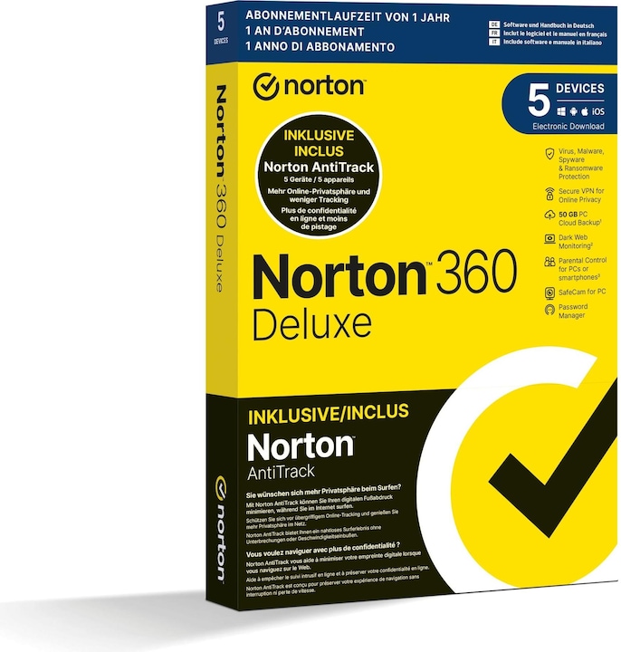Norton 360 Deluxe + AntiTrack Bundle Box, 5 Dev., 1yr, 50GB Cloud (5 Utente, 12 mesi)