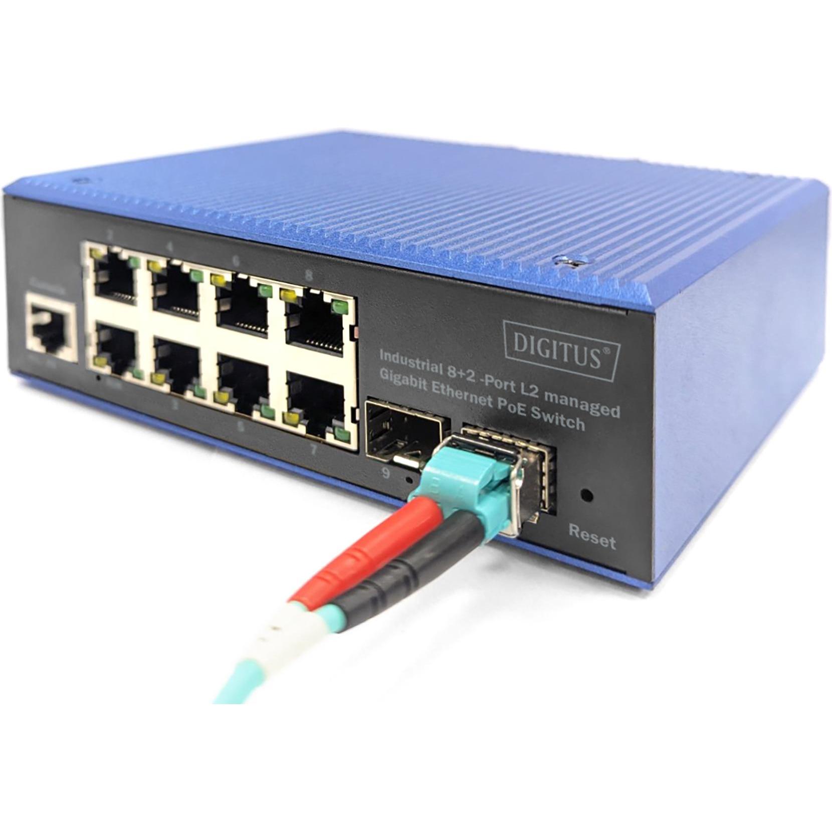 Digitus Industrial 8+2-Port L2 managed Gigabit Ethernet PoE Switch (8 Ports), Netzwerk Switch, Schwarz
