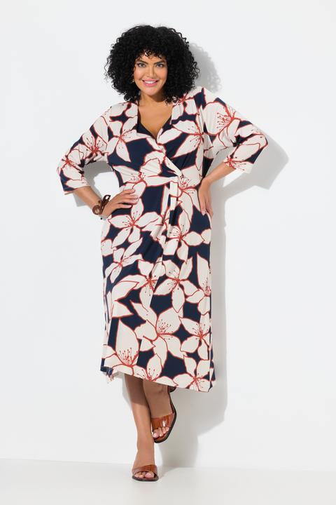 Actual product image Ulla Popken Flower Print 3/4 Sleeve Wrap Look Midi Dress (58)