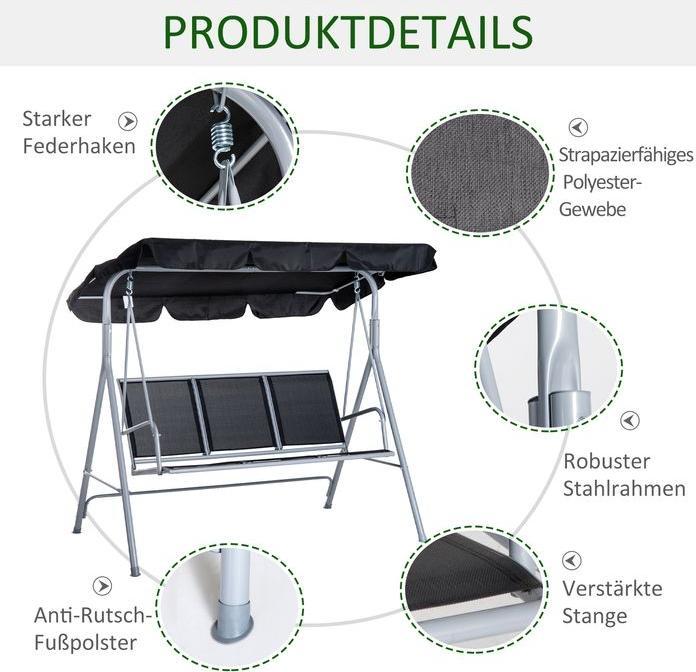 Immagine prodotto Swisshandel24 Hollywoodschaukel 3-Sitzer Gartenschaukel Schaukelbank mit Dach Metall Schwarz+Silber 171 x 108 x 15