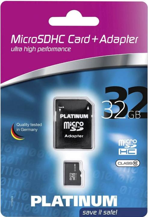 Productafbeelding Platinum 32 GB MicroSDHC-kaart klasse 10 + SD-adapter detailhandel (32 GB, microSDHC, U1)