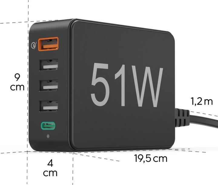 Hama Caricatore rapido a 5 porte, 1x QC 3.0, 3x USB-A, 1x USB-C PD, 51 W, nero (51 W)