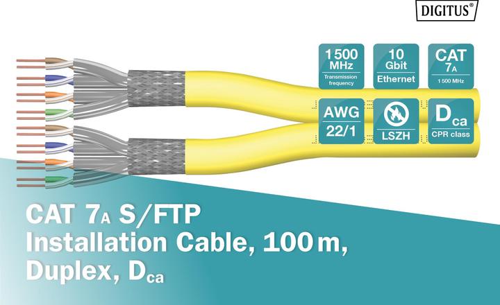Produktbild Digitus CAT 7A S-FTP Installationskabel, 1500 MHz Dca (EN 50575), AWG 22/1, 100 m Ring, DX, gelb (S/FTP, CAT7a, 100 m)