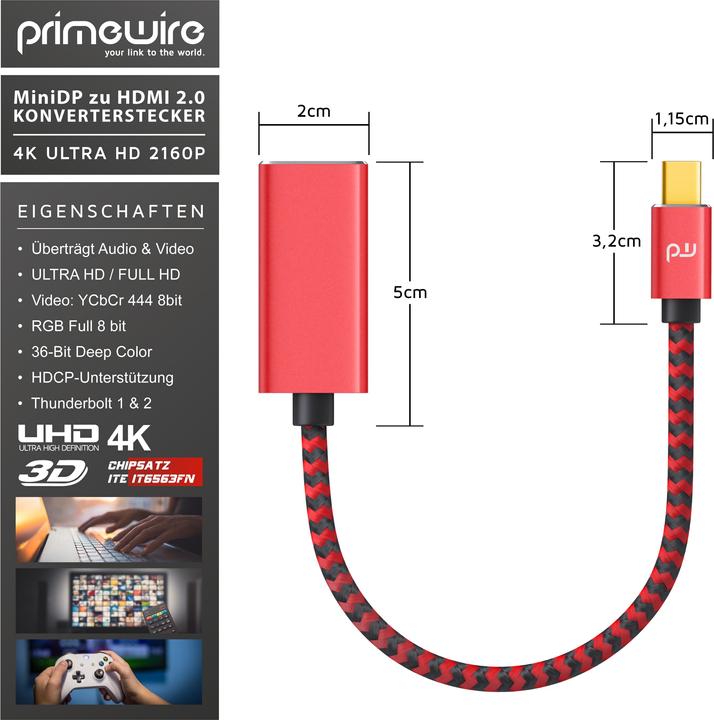 Image du produit Primewire Adaptateur 4K Mini Displayport vers Hdmi 2.0, câble Mini DP, adaptateur mDP, 4K@60Hz, Thunderbolt (0.15 m, HDMI)