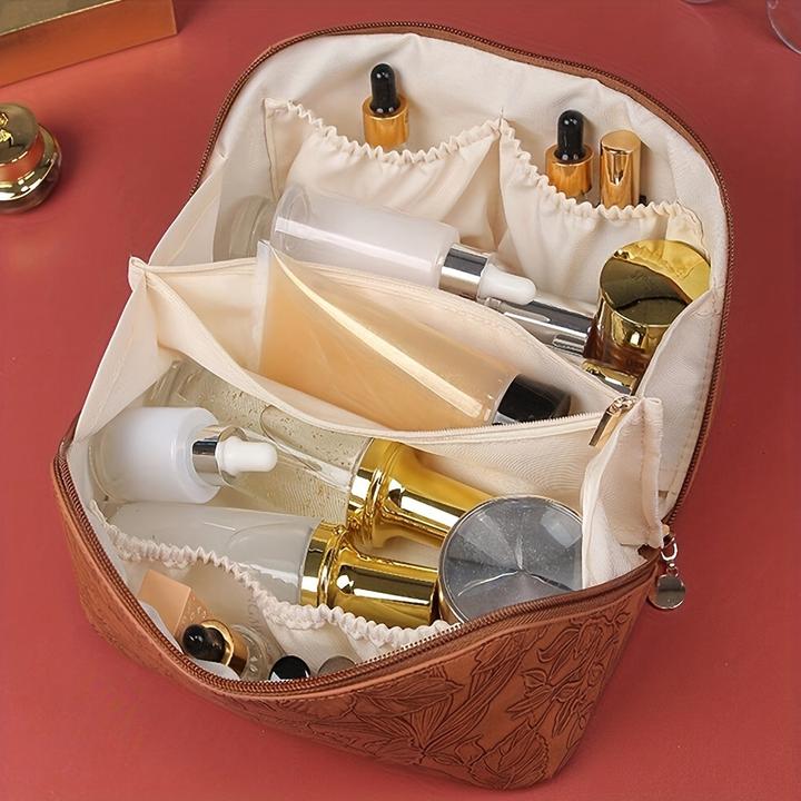 Actual product image Only-Bags.Store Vintage geprägte PU-Makeup-Tasche - grosse Kapazität Reise Kosmetik-Organizer mit Blumenmuster