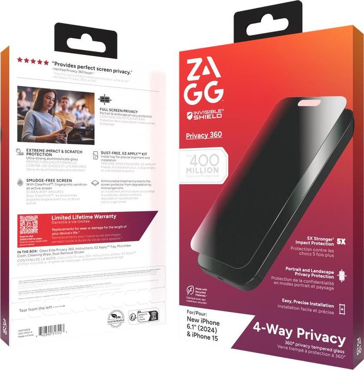 Produktbild Zagg Glass Elite Privacy 360 (1 Stück, Apple iPhone 15, Apple iPhone 16)
