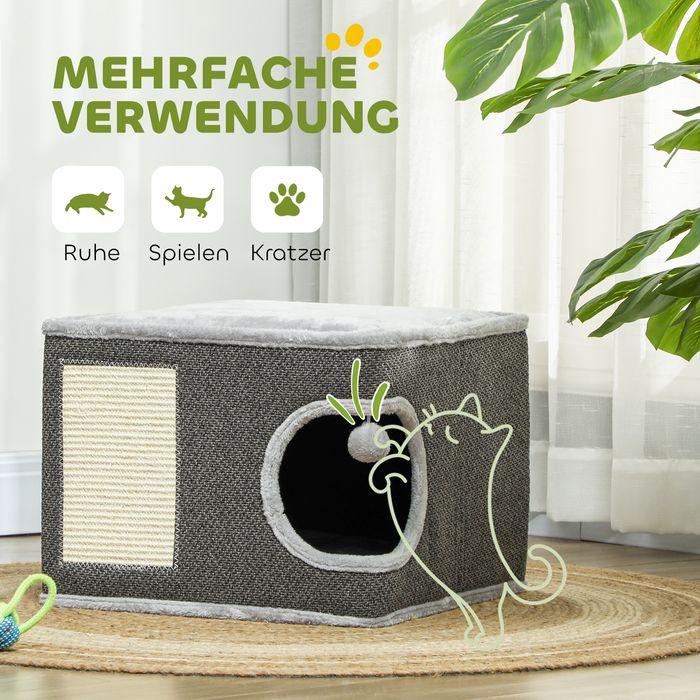 Produktbild Swisshandel24 Kratztonne, 35 cm hoch Katzentonne mit Höhle, Kratzbaum für Katze bis 6 kg (35 cm, Dunkelgrau+ Cremeweiss)
