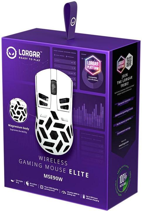 Image du produit Lorgar Computer mouse MSE90W, Magnesium Alloy Wireless Gaming Mouse Elite, White