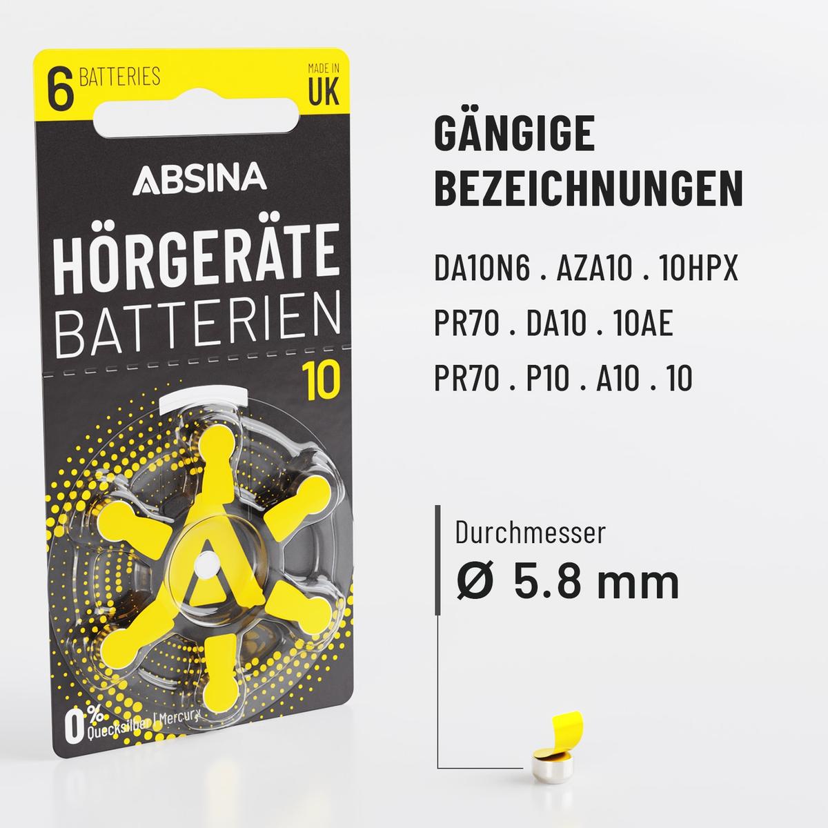 Thumbnail - Absina PR70 Hörgerätebatterie ZA 10 Zink-Luft 1.4 V 6 St. (6 Stk., 10), Batterien + Akkus