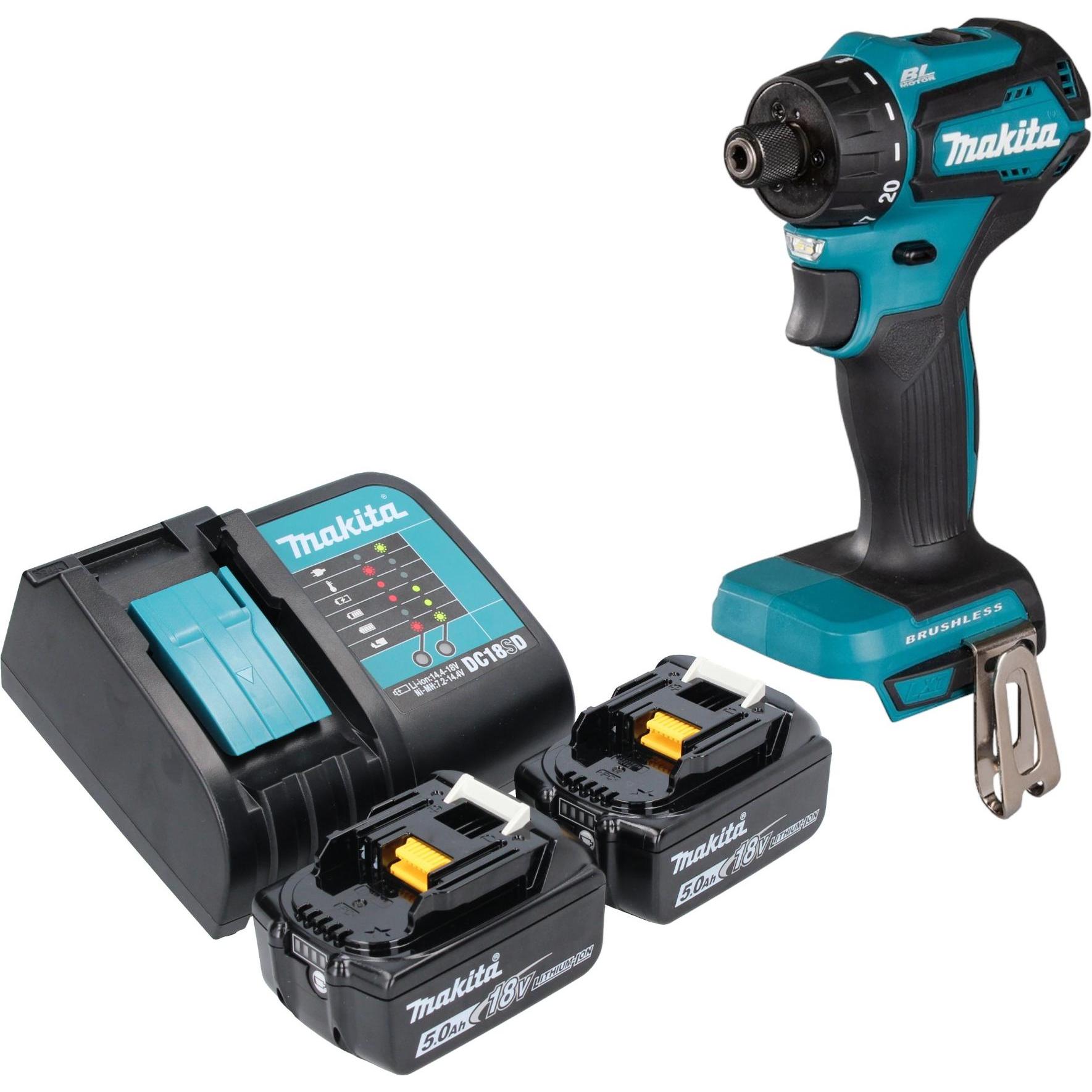 Makita, Bohrmaschine + Akkuschrauber, DDF 083 ST Akku Bohrschrauber 18 V 40 Nm 1/4" Brushless + 2x Akku 5,0 Ah + Ladeger...