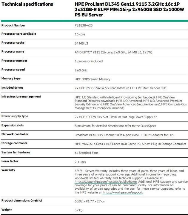 Nutritional values and ingredients HP HPE PL DL345g11 AMD Epyc 9115 (2.6G/16C) 2x32G 2x960G 2x1000W MR416i-p 8LFF 4p1G Smart Choice (2.60 GHz, 16 -Core)