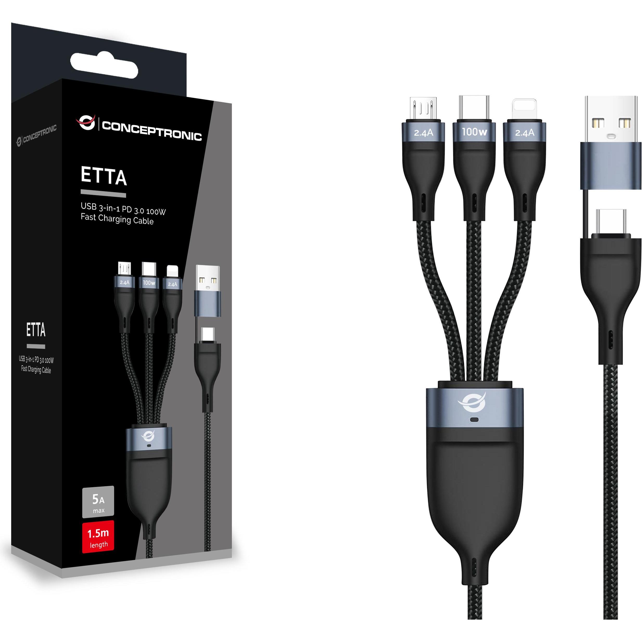 Thumbnail - Conceptronic Kabel USB-C/A 3.0 -> 3-in-1 100W 1.50m 480Mbps (1.50 m, USB 2.0), USB Kabel