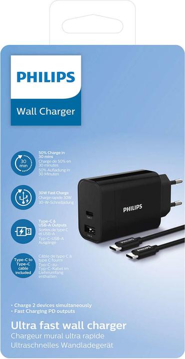 Actual product image Philips USB-A USB C 30W charger (PD, QC) with 1 metro cable (30 W)